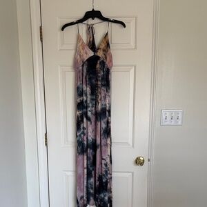 Cozy Casual Boho Pink and Black Tie-Dye Maxi Dress